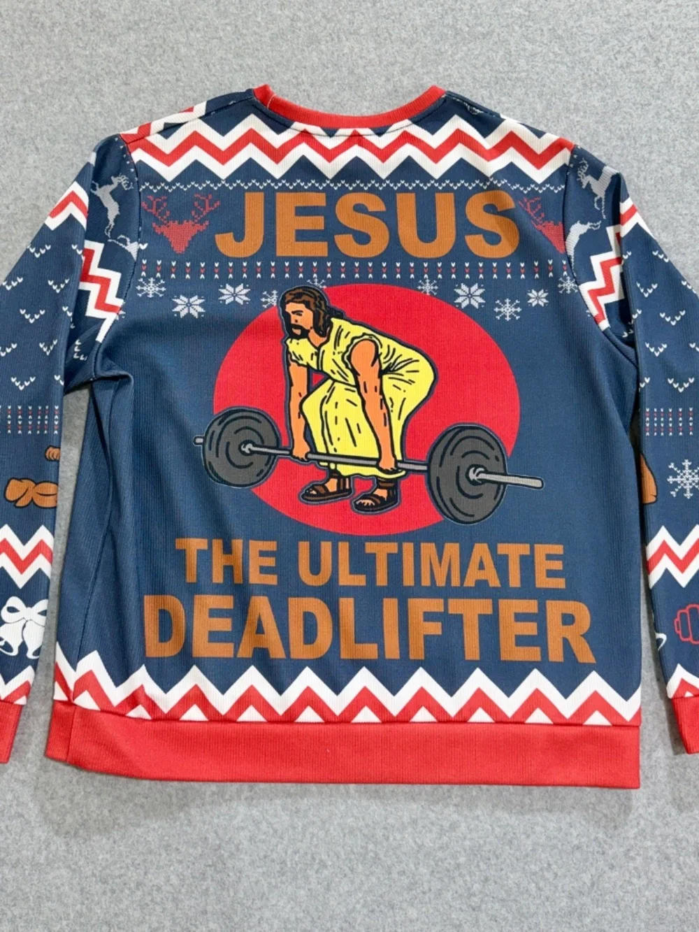 Mens XL Ugly Christmas Sweater Jesus Ultimate Deadlifter Funny Blue Red Holiday